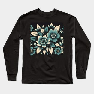 Teal Floral Motif Long Sleeve T-Shirt